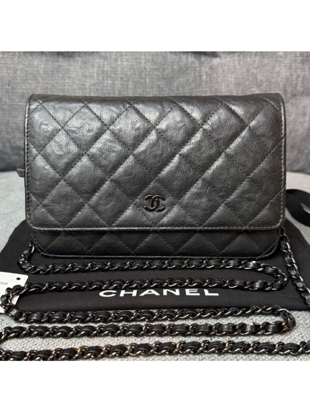 CHANEL classic wallet on chain with iridescent chain CALFSKIN